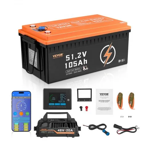 VEVOR 48V 105Ah Golf Cart Lithium Battery, 48 Volt Golf Cart Battery with 200A BMS, LCD Monitor and Mobile APP, LiFePO4 Battery with 600A Peak Current, 20A Charger and 4000+ Cycles, for Golf Carts