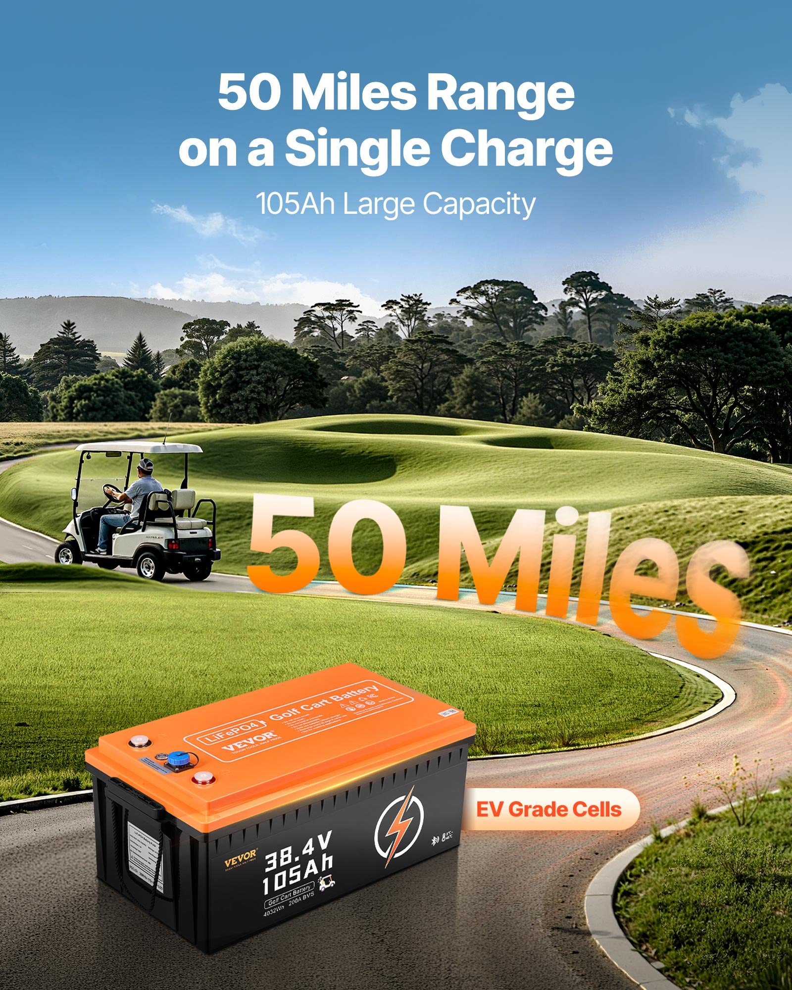 VEVOR 36V 105Ah Golf Cart Lithium Battery, 36 Volt Golf Cart Battery with 200A BMS, LCD Monitor and Mobile APP, LiFePO4 Battery with 600A Peak Current, 20A Charger and 4000+ Cycles, for Golf Carts