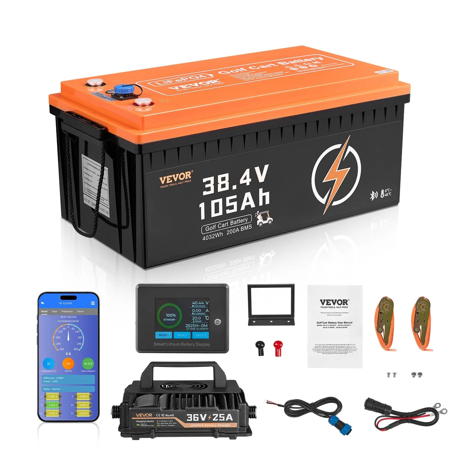 VEVOR 36V 105Ah Golf Cart Lithium Battery, 36 Volt Golf Cart Battery with 200A BMS, LCD Monitor and Mobile APP, LiFePO4 Battery with 600A Peak Current, 20A Charger and 4000+ Cycles, for Golf Carts