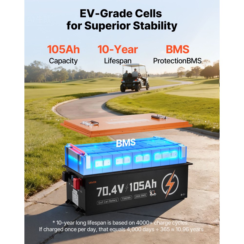 VEVOR 72V (70.4V) 105AH Lithium Golf Cart Battery, with 15A Charger, Lifepo4 Battery Kit, Built-in 200A BMS, with Bluetooth & Touch Monitor, 2C Discharge, 4000 Cycles, for Golf Carts, Trolling Motors