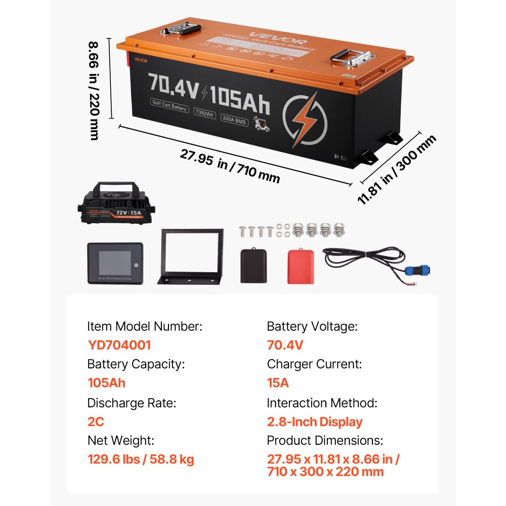 VEVOR 72V (70.4V) 105AH Lithium Golf Cart Battery, with 15A Charger, Lifepo4 Battery Kit, Built-in 200A BMS, with Bluetooth & Touch Monitor, 2C Discharge, 4000 Cycles, for Golf Carts, Trolling Motors