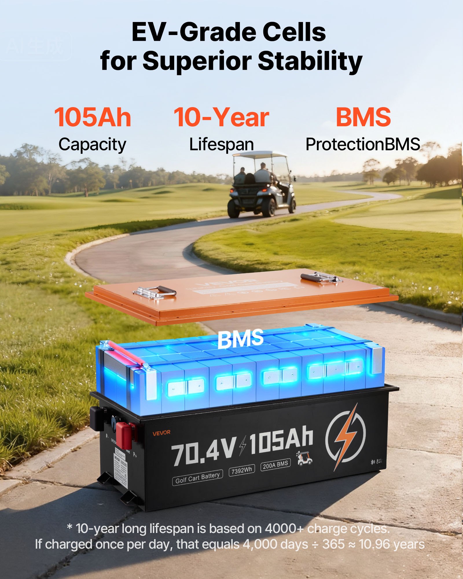 VEVOR 72V (70.4V) 105AH Lithium Golf Cart Battery, with 15A Charger, Lifepo4 Battery Kit, Built-in 200A BMS, with Bluetooth & Touch Monitor, 2C Discharge, 4000 Cycles, for Golf Carts, Trolling Motors