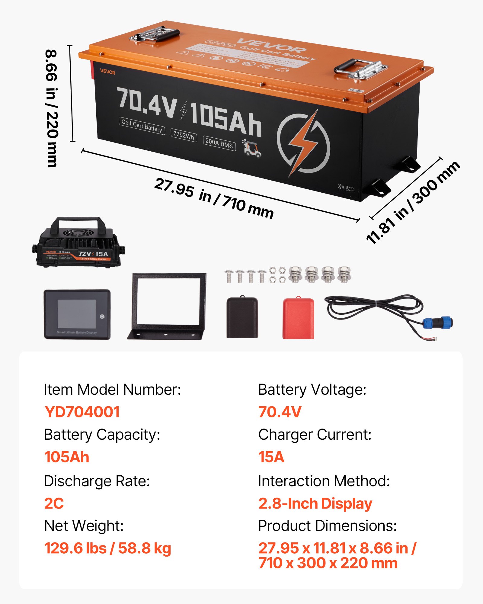 VEVOR 72V (70.4V) 105AH Lithium Golf Cart Battery, with 15A Charger, Lifepo4 Battery Kit, Built-in 200A BMS, with Bluetooth & Touch Monitor, 2C Discharge, 4000 Cycles, for Golf Carts, Trolling Motors