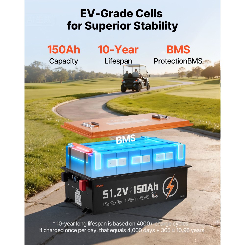 VEVOR 48V (51.2V) 150AH Lithium Golf Cart Battery, with 20A Charger, Lifepo4 Battery Kit, Built-in 250A BMS, with Bluetooth & Touch Monitor, 2C Discharge, 4000 Cycles, for Golf Carts, Trolling Motors