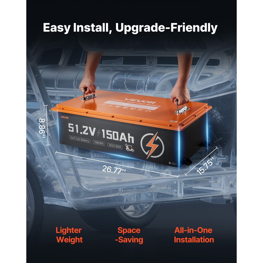 VEVOR 48V (51.2V) 150AH Lithium Golf Cart Battery, with 20A Charger, Lifepo4 Battery Kit, Built-in 250A BMS, with Bluetooth & Touch Monitor, 2C Discharge, 4000 Cycles, for Golf Carts, Trolling Motors