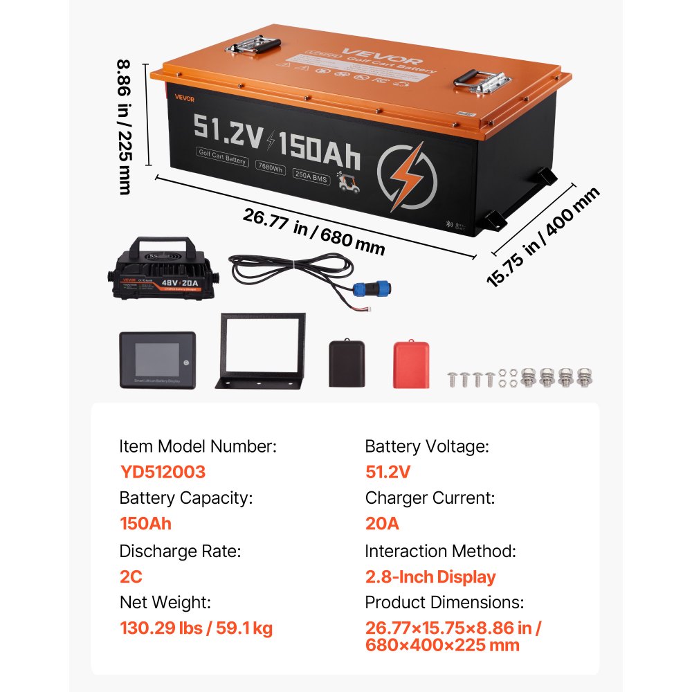 VEVOR 48V (51.2V) 150AH Lithium Golf Cart Battery, with 20A Charger, Lifepo4 Battery Kit, Built-in 250A BMS, with Bluetooth & Touch Monitor, 2C Discharge, 4000 Cycles, for Golf Carts, Trolling Motors