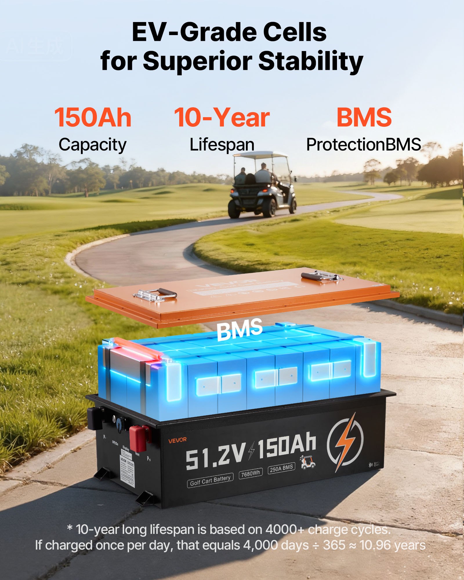VEVOR 48V (51.2V) 150AH Lithium Golf Cart Battery, with 20A Charger, Lifepo4 Battery Kit, Built-in 250A BMS, with Bluetooth & Touch Monitor, 2C Discharge, 4000 Cycles, for Golf Carts, Trolling Motors
