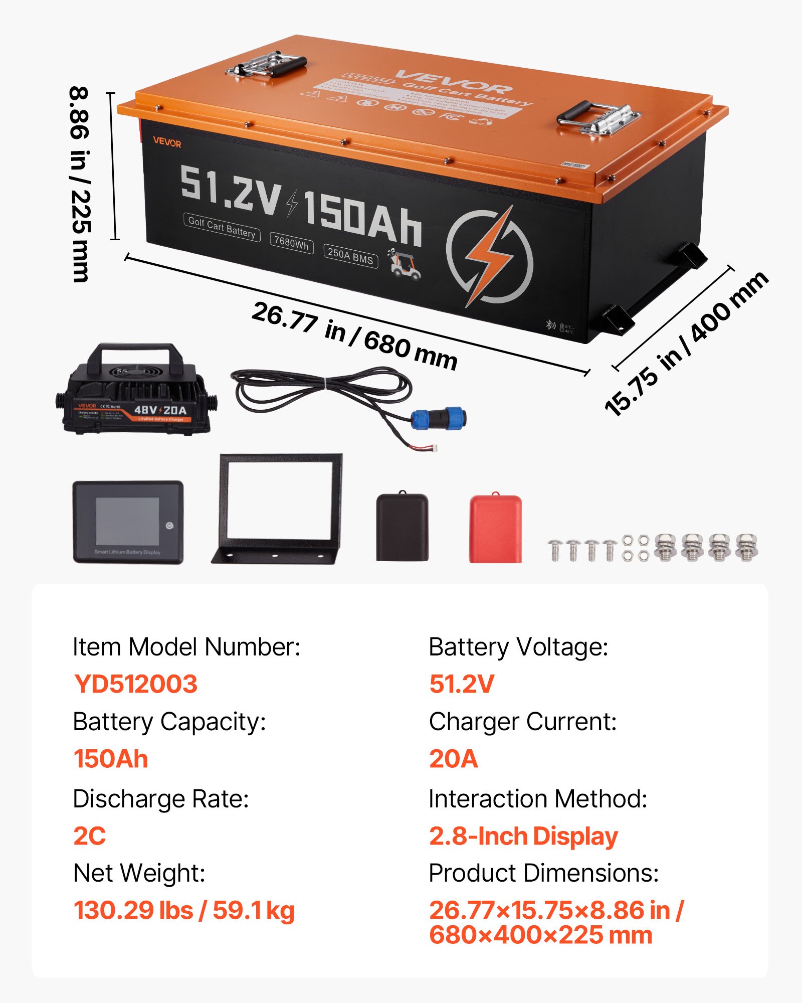 VEVOR 48V (51.2V) 150AH Lithium Golf Cart Battery, with 20A Charger, Lifepo4 Battery Kit, Built-in 250A BMS, with Bluetooth & Touch Monitor, 2C Discharge, 4000 Cycles, for Golf Carts, Trolling Motors