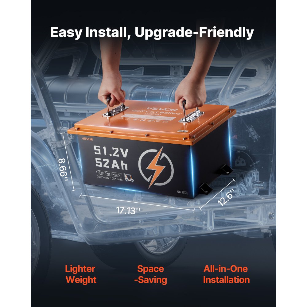 VEVOR 48V (51.2V) 52AH Lithium Golf Cart Battery, with 15A Charger, Lifepo4 Battery Kit, Built-in 100A BMS, with Bluetooth Mobile APP & Display Monitor, 4000 Cycles, for Golf Carts, Trolling Motors