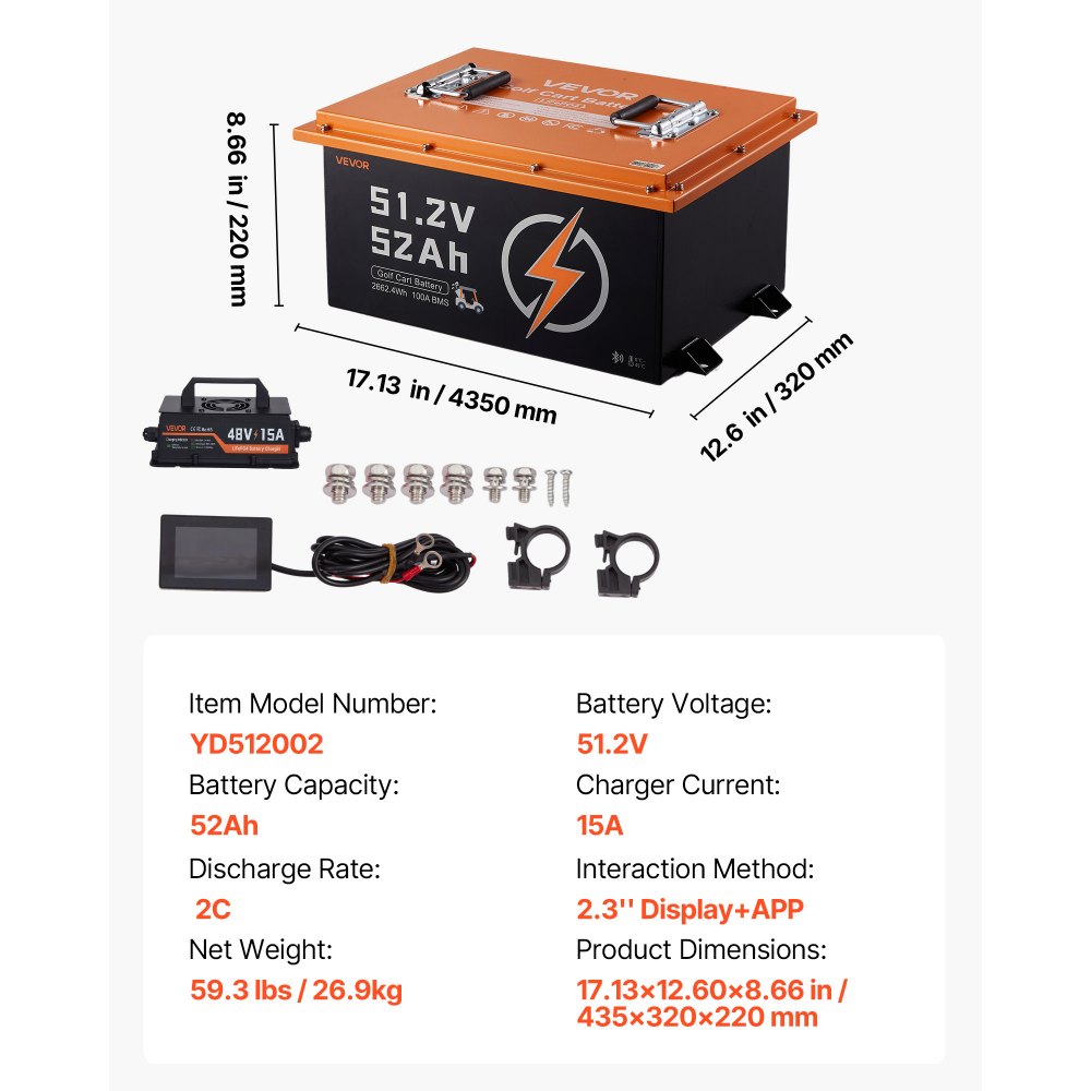VEVOR 48V (51.2V) 52AH Lithium Golf Cart Battery, with 15A Charger, Lifepo4 Battery Kit, Built-in 100A BMS, with Bluetooth Mobile APP & Display Monitor, 4000 Cycles, for Golf Carts, Trolling Motors