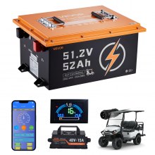 VEVOR 48V (51.2V) 52AH Lithium Golf Cart Battery, with 15A Charger, Lifepo4 Battery Kit, Built-in 100A BMS, with Bluetooth Mobile APP & Display Monitor, 4000 Cycles, for Golf Carts, Trolling Motors