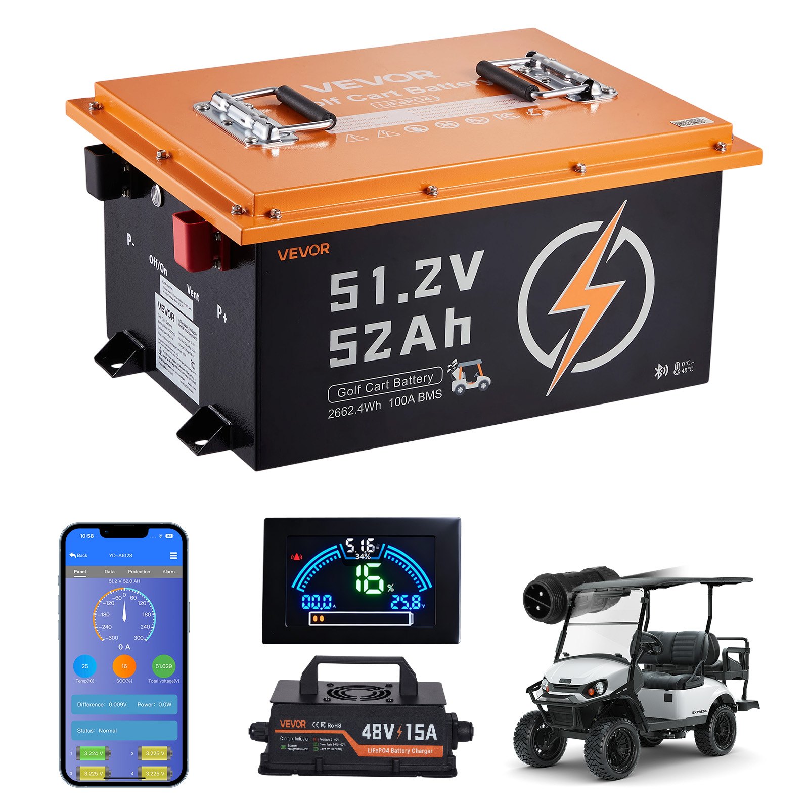 VEVOR 48V (51.2V) 52AH Lithium Golf Cart Battery, with 15A Charger, Lifepo4 Battery Kit, Built-in 100A BMS, with Bluetooth Mobile APP & Display Monitor, 4000 Cycles, for Golf Carts, Trolling Motors