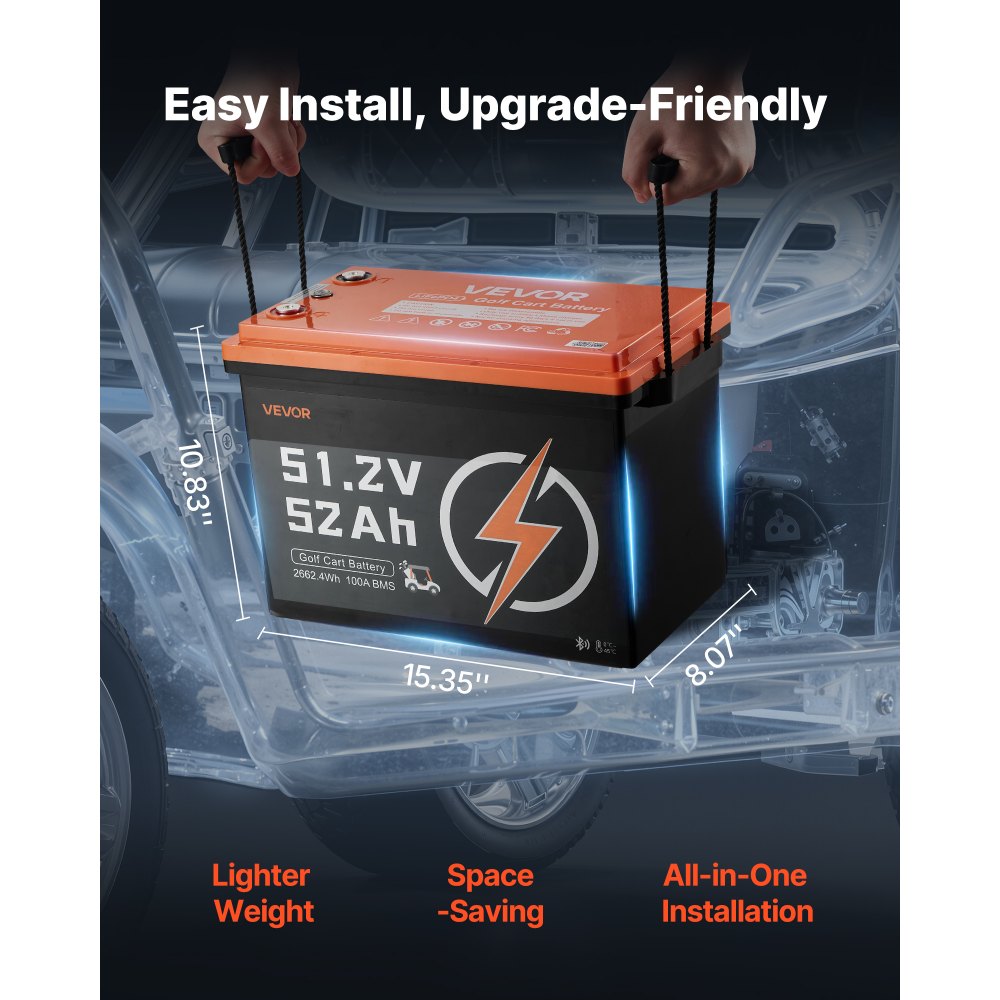 VEVOR 48V (51.2V) 52AH Lithium Golf Cart Battery, with 15A Charger, Lifepo4 Battery Kit, Built-in 100A BMS, 4000 Cycles, 2C Discharge Rate, Bluetooth & Mobile APP, for Golf Carts, Trolling Motors