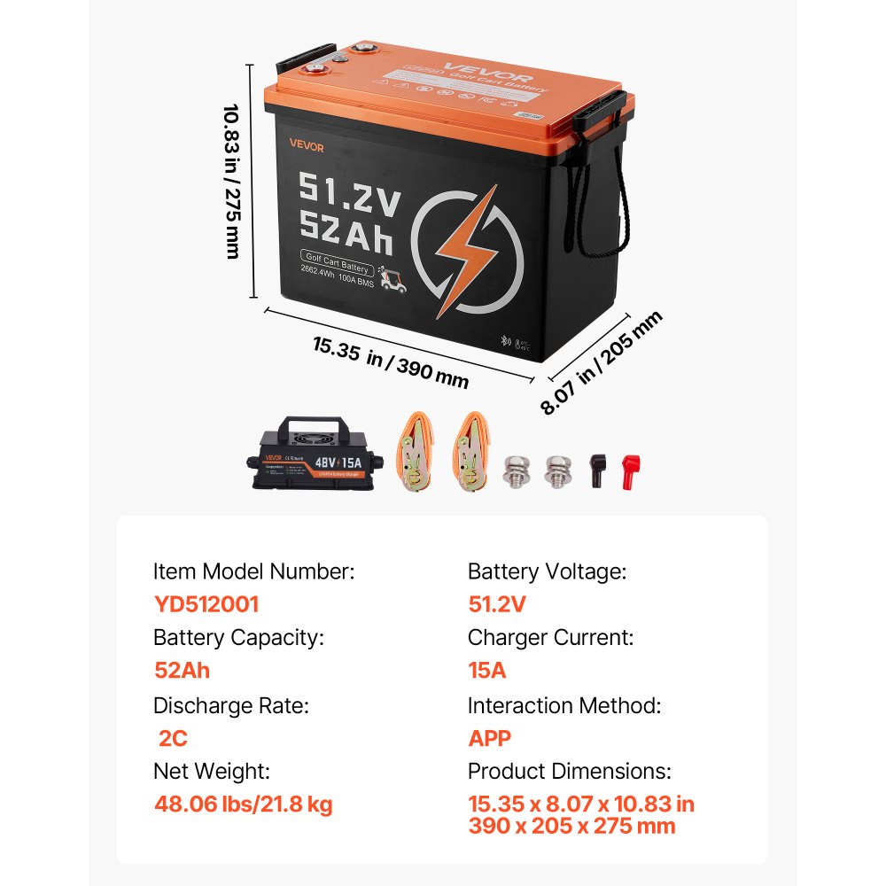 VEVOR 48V (51.2V) 52AH Lithium Golf Cart Battery, with 15A Charger, Lifepo4 Battery Kit, Built-in 100A BMS, 4000 Cycles, 2C Discharge Rate, Bluetooth & Mobile APP, for Golf Carts, Trolling Motors