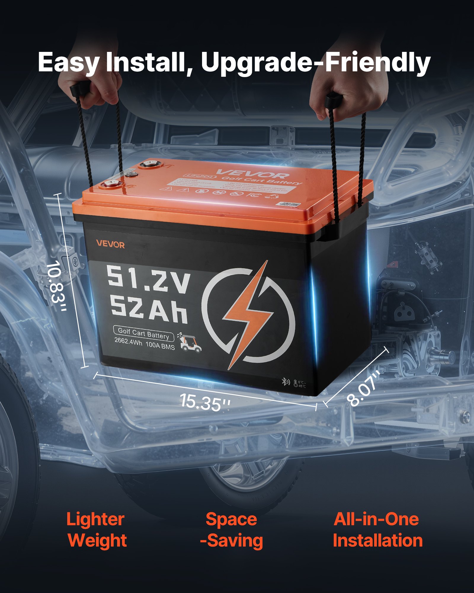 VEVOR 48V (51.2V) 52AH Lithium Golf Cart Battery, with 15A Charger, Lifepo4 Battery Kit, Built-in 100A BMS, 4000 Cycles, 2C Discharge Rate, Bluetooth & Mobile APP, for Golf Carts, Trolling Motors