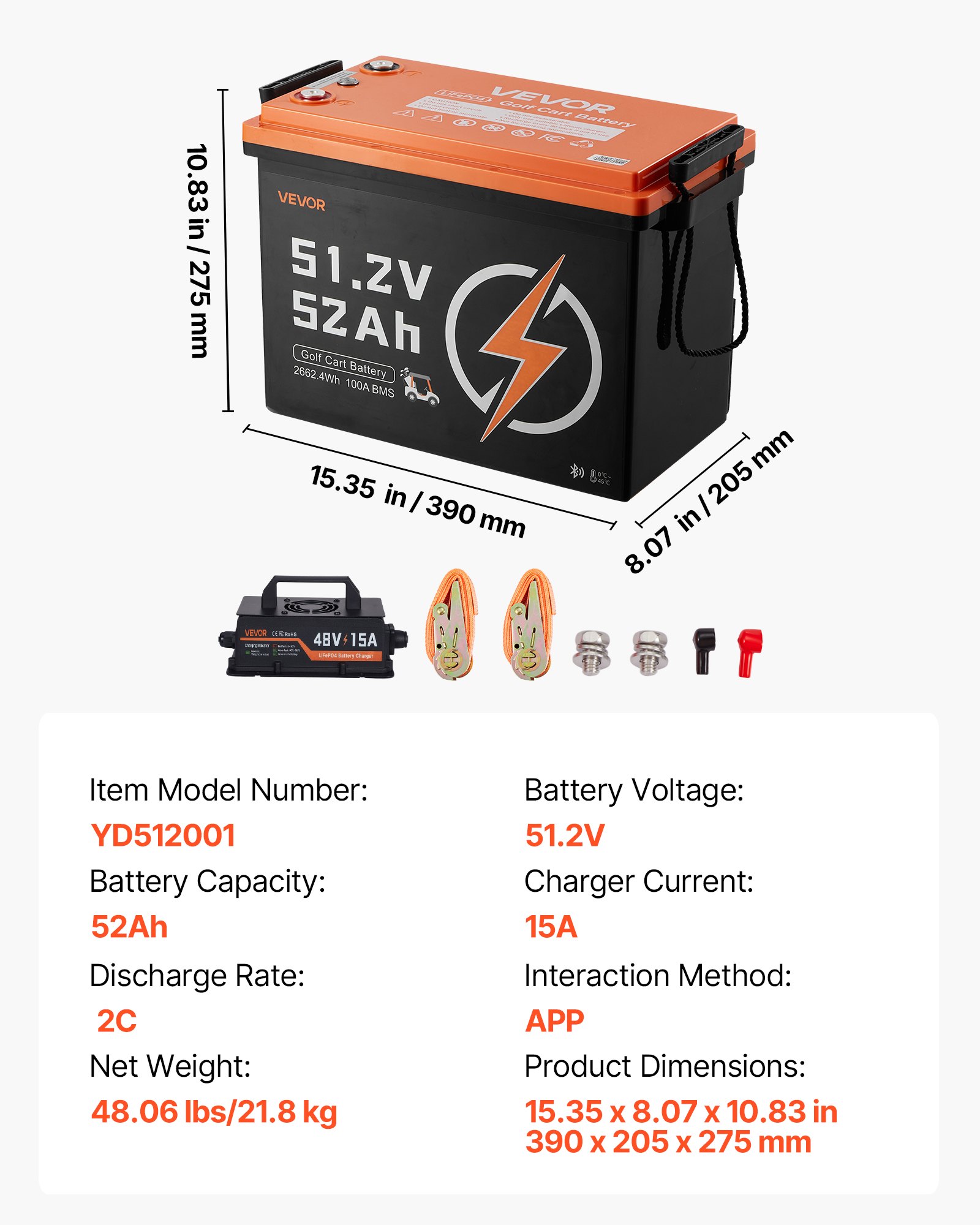 VEVOR 48V (51.2V) 52AH Lithium Golf Cart Battery, with 15A Charger, Lifepo4 Battery Kit, Built-in 100A BMS, 4000 Cycles, 2C Discharge Rate, Bluetooth & Mobile APP, for Golf Carts, Trolling Motors