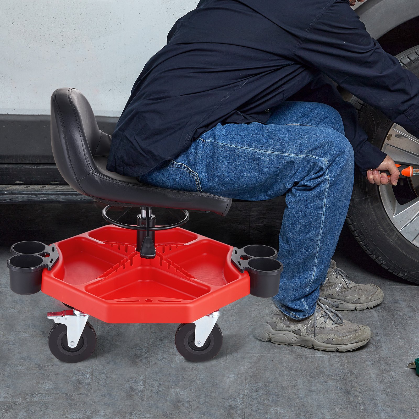 VEVOR Rolling Garage Stool, Adjustable Height, 17 x 15 in Comfort Cushion,Round Shop Stool with Parts Tray,All-Terrain 5" Casters with Two Brakes Mechanic Roller Seat