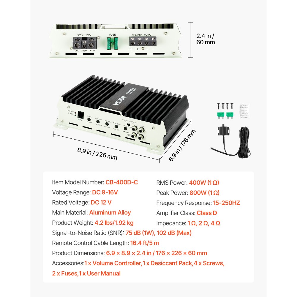VEVOR Monoblock Car Amplifier, 400W RMS MAX, 1/2/4 Ohm Stable, 1-Channel Class D Car Audio Amplifier with Remote Subwoofer Level Control, Low Pass Filter, Bass Boost & Phase Shift, Volume Controller