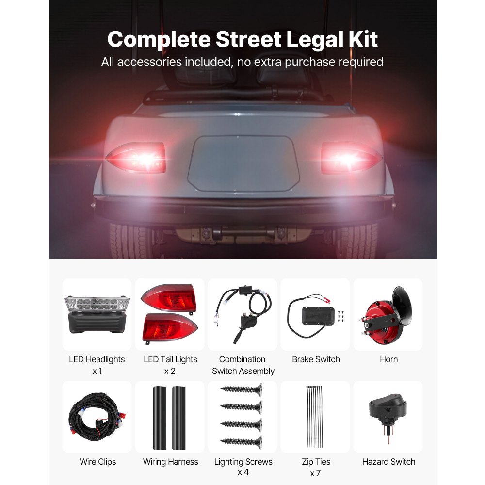 Kit de luces para carrito de golf VEVOR de 12 V, homologado para circular, con faros delanteros y traseros LED, arnés de cableado, intermitentes, luces de emergencia, bocina, pastillas de freno y carcasa ABS, para Club Car Precedent 2004-2008
