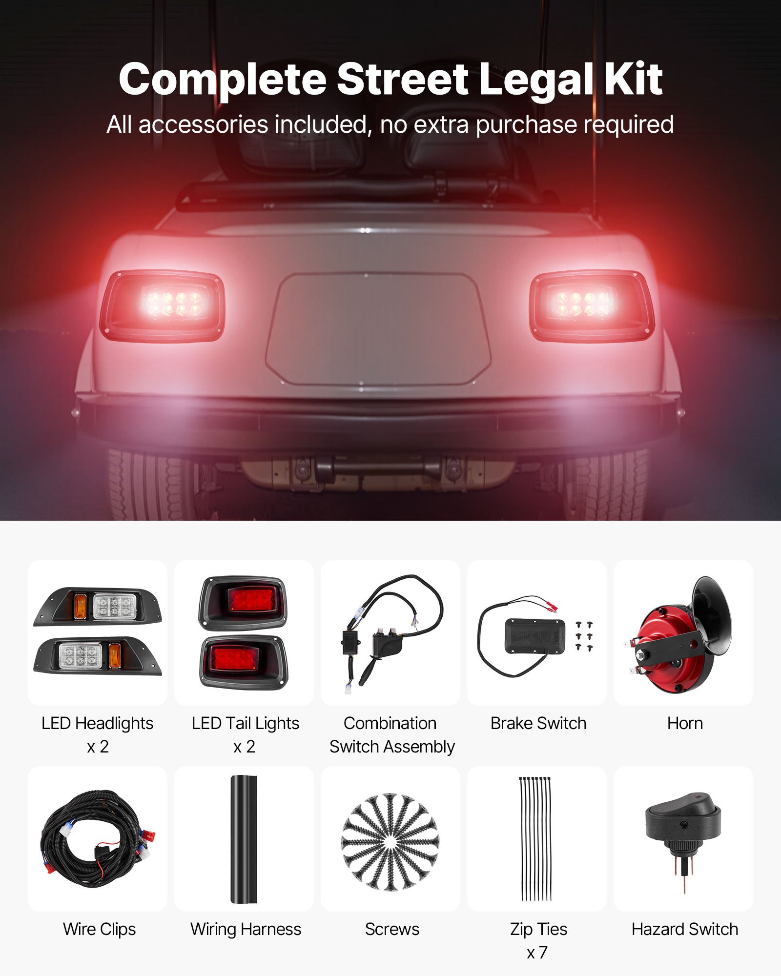 VEVOR Golf Cart Light Kit, 12 Volt, Street Legal LED Headlight and Tail Light Kit with Wiring Harness, Turn Signals, Hazard Light, Switch Horn, Brake Pad, Zip Ties, ABS Housing, for EZGO TXT 1996-2013