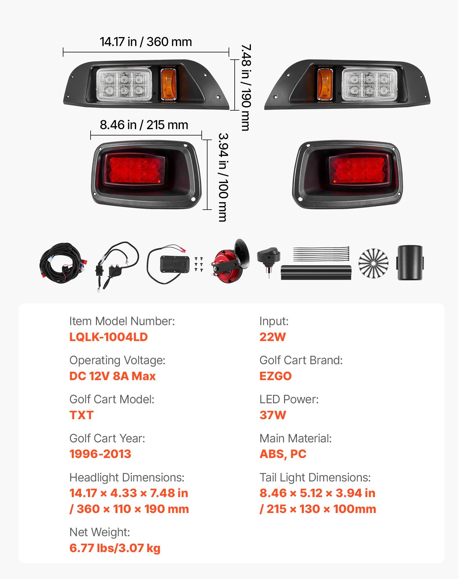 VEVOR Golf Cart Light Kit, 12 Volt, Street Legal LED Headlight and Tail Light Kit with Wiring Harness, Turn Signals, Hazard Light, Switch Horn, Brake Pad, Zip Ties, ABS Housing, for EZGO TXT 1996-2013