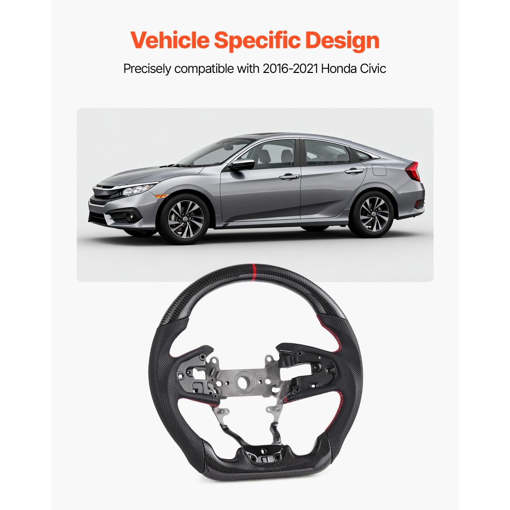 VEVOR Steering Wheel for 2016-2021 Honda Civic, Carbon Fiber Steering Wheel D-Shaped Flat-Bottom, Leather Grip with Non-Slip Texture & Precise Stitching, Accessories Replacement for Honda Civic, Black