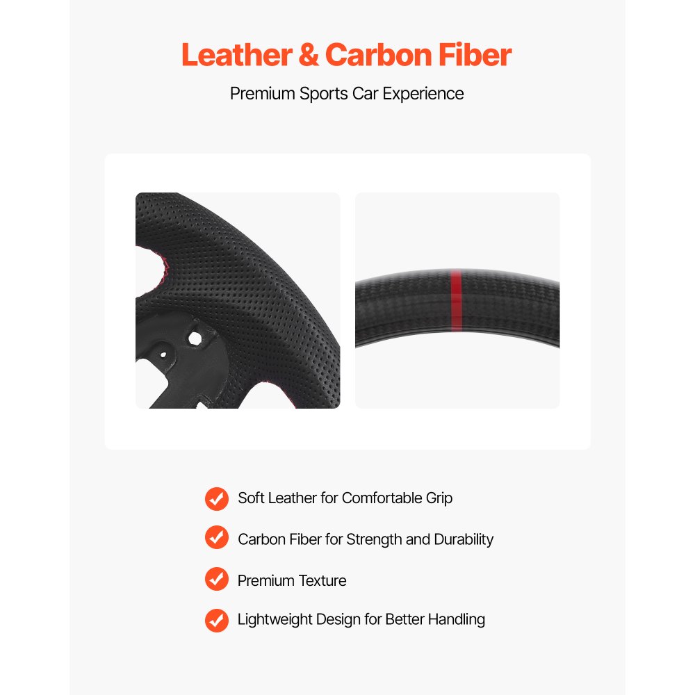 VEVOR Steering Wheel for 2016-2021 Honda Civic, Carbon Fiber Steering Wheel D-Shaped Flat-Bottom, Leather Grip with Non-Slip Texture & Precise Stitching, Accessories Replacement for Honda Civic, Black