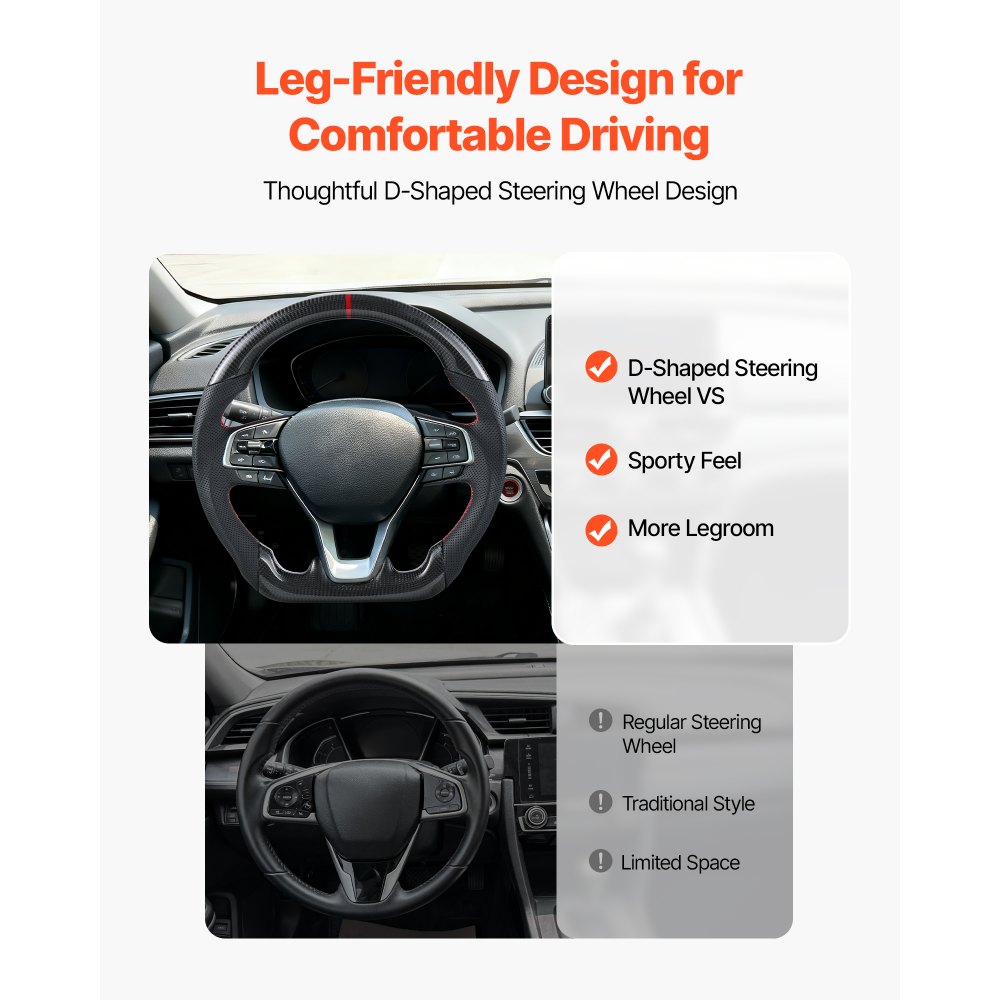 VEVOR Steering Wheel for 2016-2021 Honda Civic, Carbon Fiber Steering Wheel D-Shaped Flat-Bottom, Leather Grip with Non-Slip Texture & Precise Stitching, Accessories Replacement for Honda Civic, Black