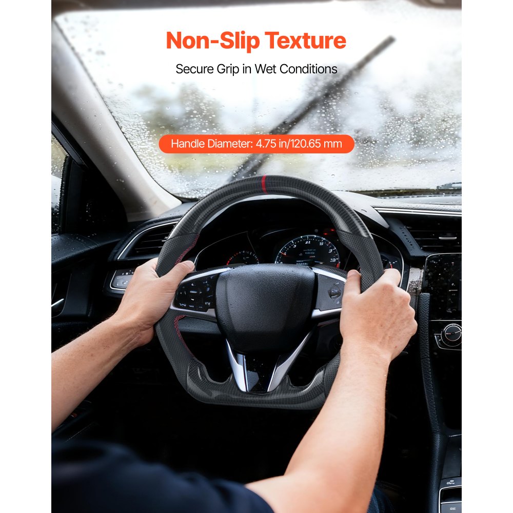 VEVOR Steering Wheel for 2016-2021 Honda Civic, Carbon Fiber Steering Wheel D-Shaped Flat-Bottom, Leather Grip with Non-Slip Texture & Precise Stitching, Accessories Replacement for Honda Civic, Black