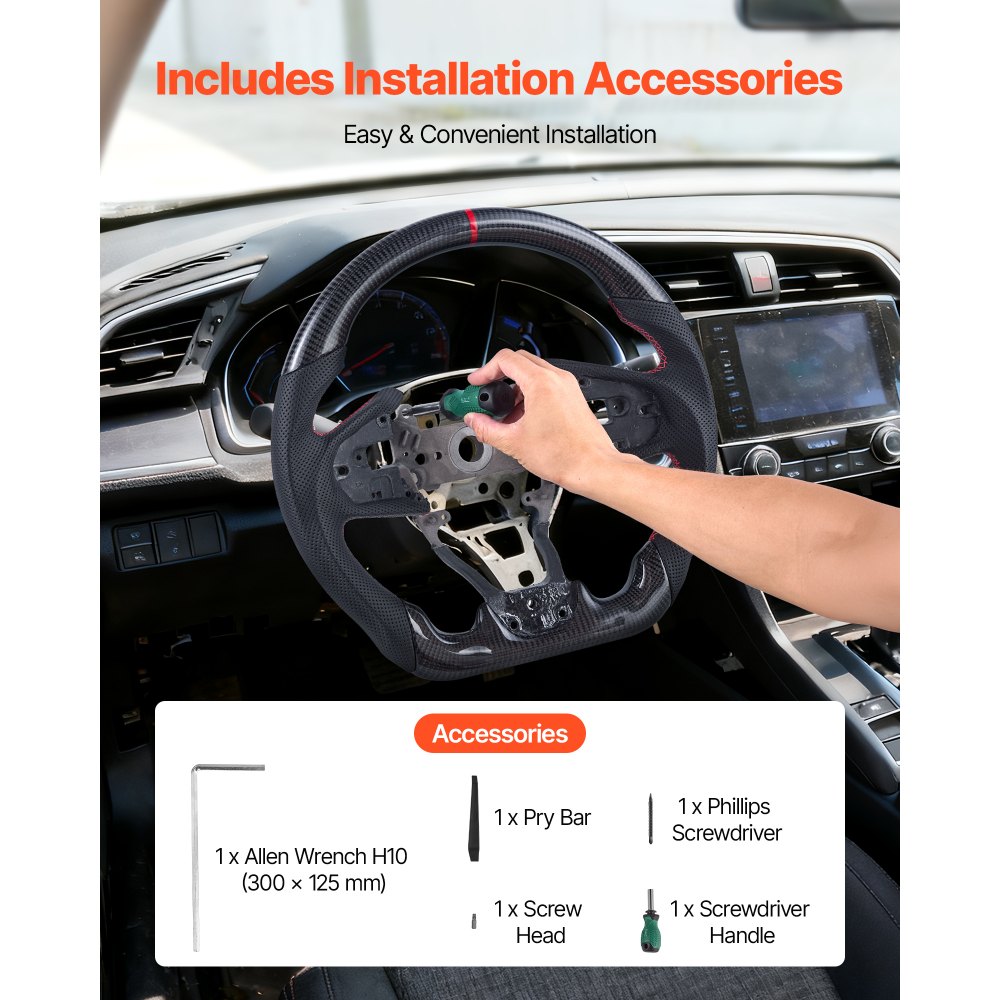 VEVOR Steering Wheel for 2016-2021 Honda Civic, Carbon Fiber Steering Wheel D-Shaped Flat-Bottom, Leather Grip with Non-Slip Texture & Precise Stitching, Accessories Replacement for Honda Civic, Black