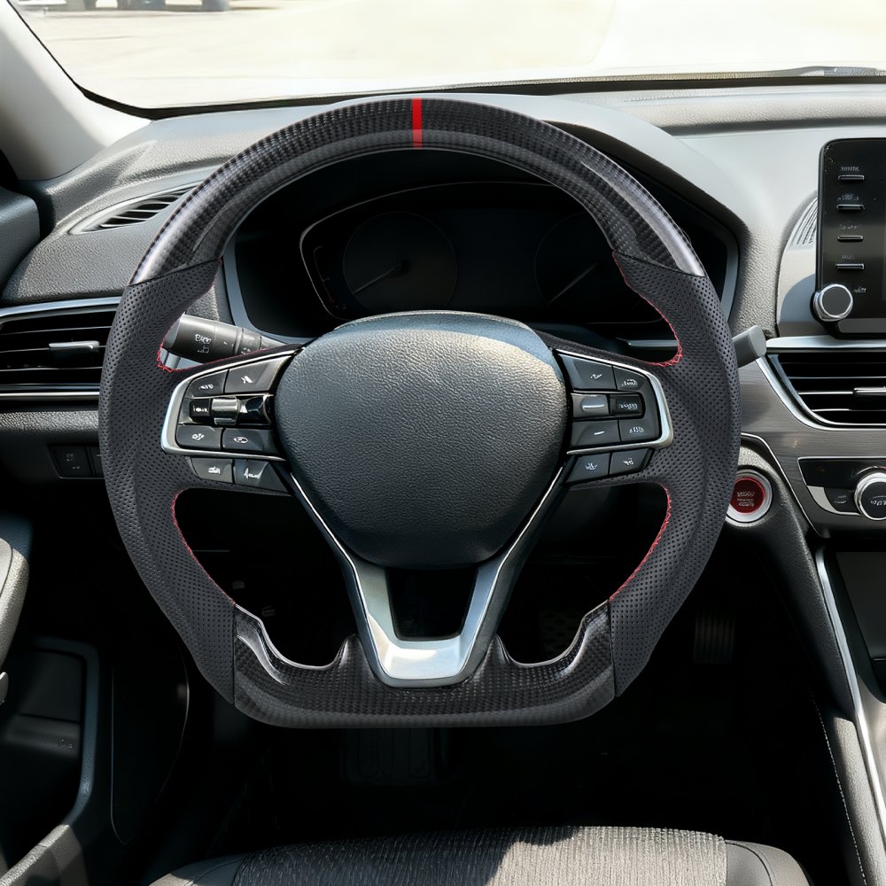 VEVOR Steering Wheel for 2016-2021 Honda Civic, Carbon Fiber Steering Wheel D-Shaped Flat-Bottom, Leather Grip with Non-Slip Texture & Precise Stitching, Accessories Replacement for Honda Civic, Black