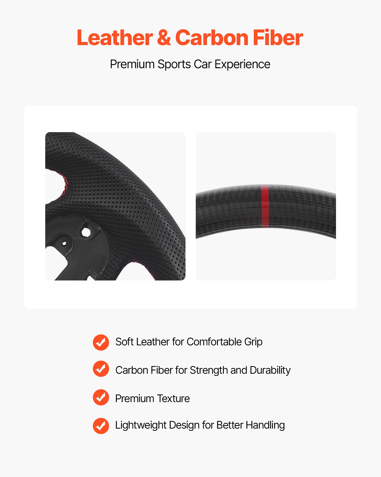 VEVOR Steering Wheel for 2016-2021 Honda Civic, Carbon Fiber Steering Wheel D-Shaped Flat-Bottom, Leather Grip with Non-Slip Texture & Precise Stitching, Accessories Replacement for Honda Civic, Black