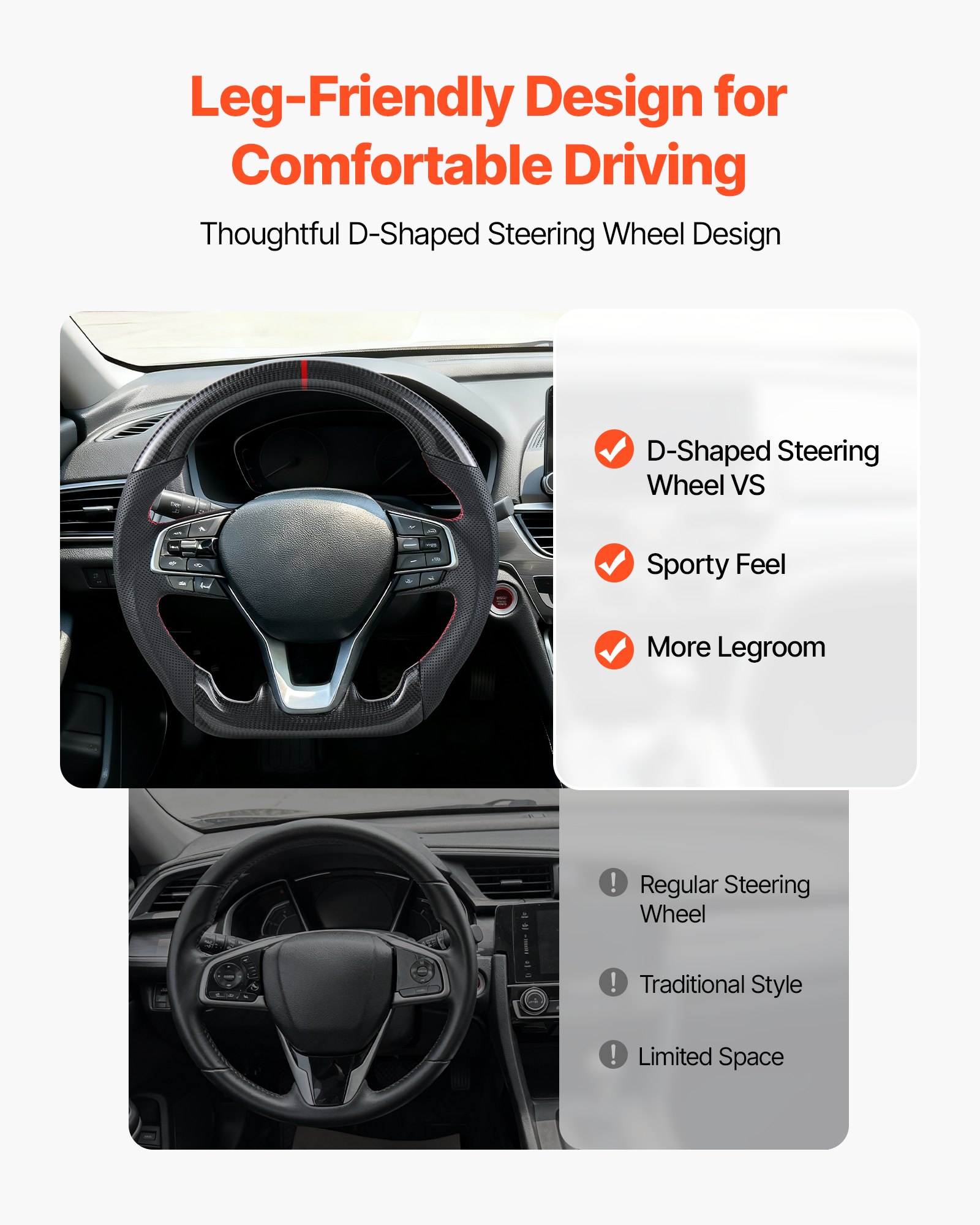 VEVOR Steering Wheel for 2016-2021 Honda Civic, Carbon Fiber Steering Wheel D-Shaped Flat-Bottom, Leather Grip with Non-Slip Texture & Precise Stitching, Accessories Replacement for Honda Civic, Black