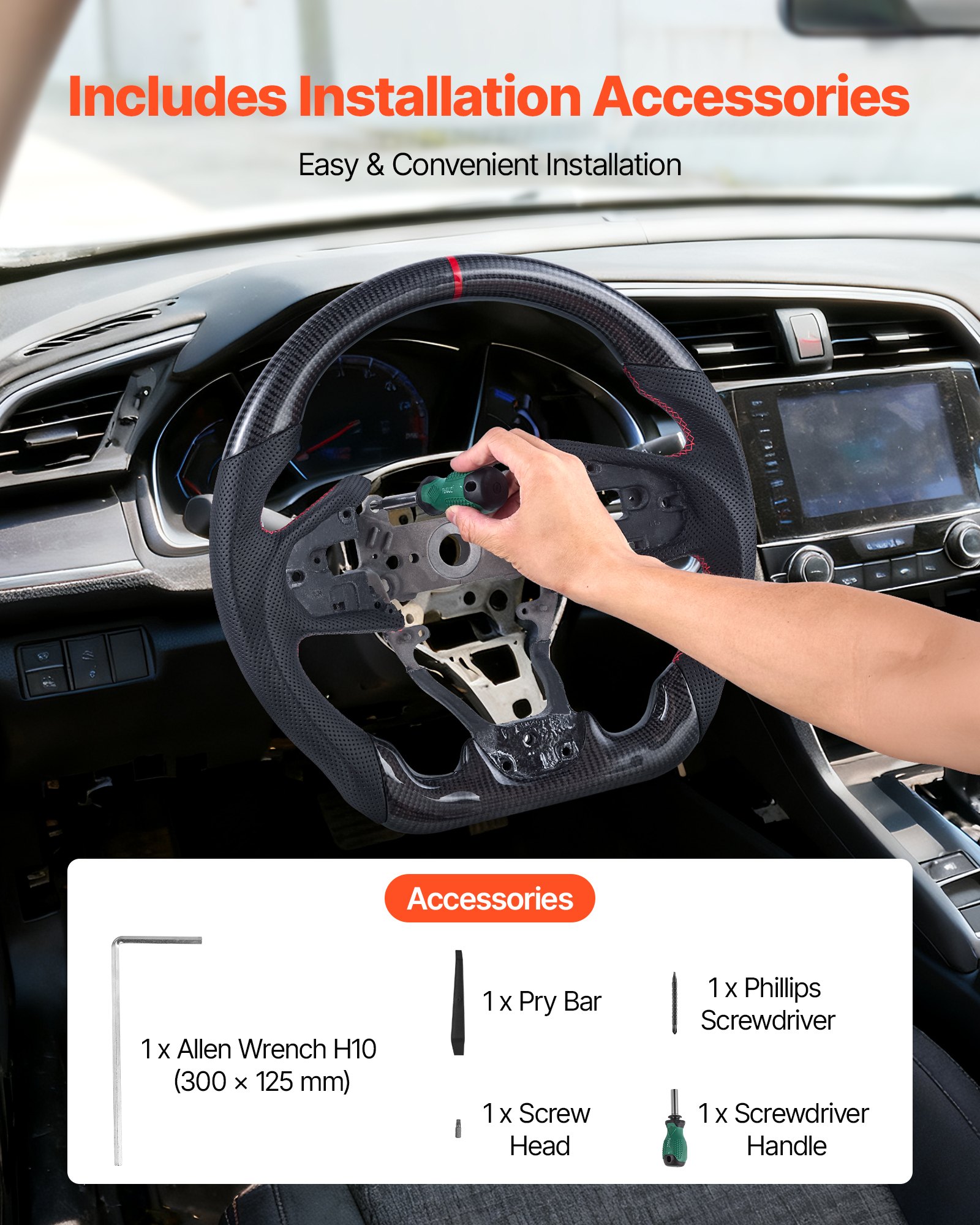 VEVOR Steering Wheel for 2016-2021 Honda Civic, Carbon Fiber Steering Wheel D-Shaped Flat-Bottom, Leather Grip with Non-Slip Texture & Precise Stitching, Accessories Replacement for Honda Civic, Black