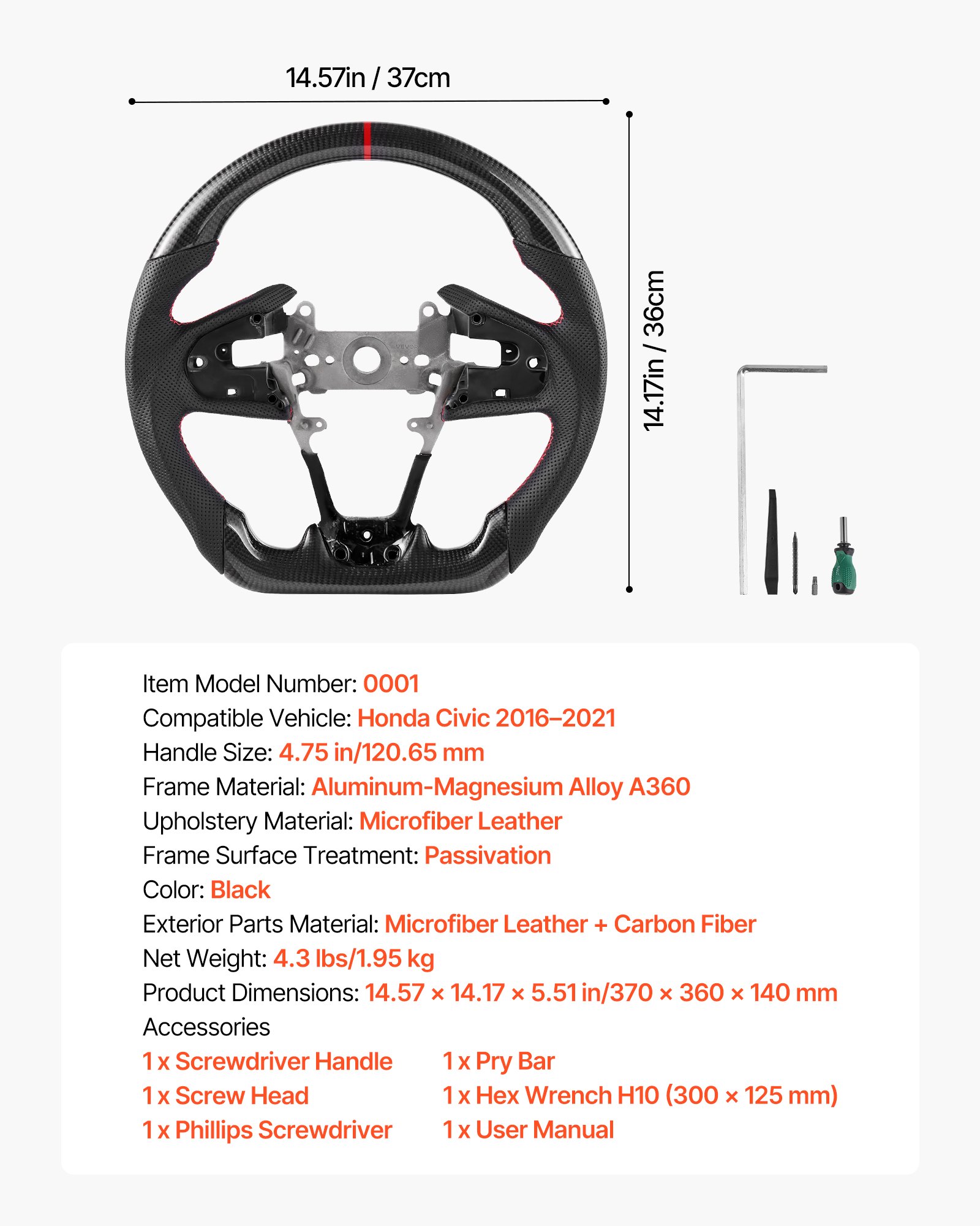 VEVOR Steering Wheel for 2016-2021 Honda Civic, Carbon Fiber Steering Wheel D-Shaped Flat-Bottom, Leather Grip with Non-Slip Texture & Precise Stitching, Accessories Replacement for Honda Civic, Black