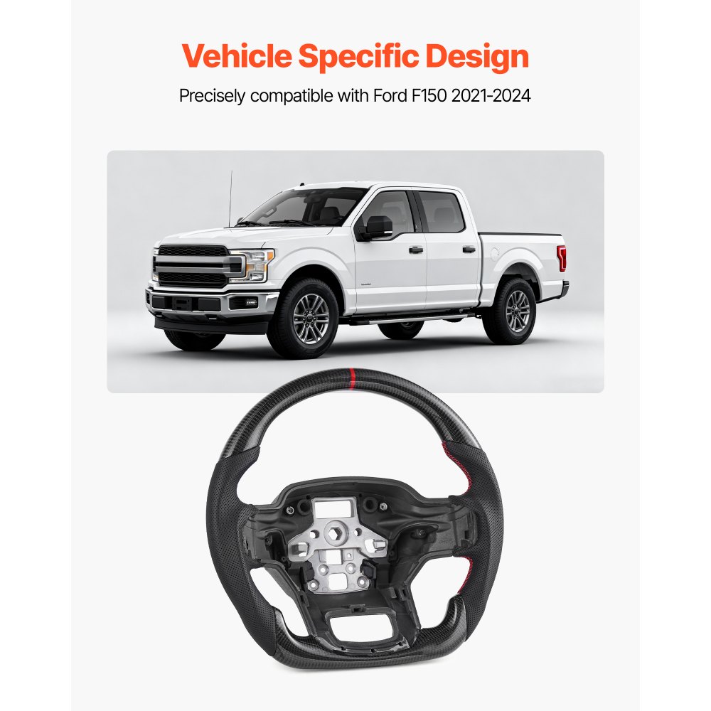 VEVOR Steering Wheel for 2021-2024 Ford F150, Carbon Fiber Steering Wheel D-Shaped Flat-Bottom, Leather Grip with Non-Slip Texture & Precise Stitching, Accessories Replacement for Ford F150, Black