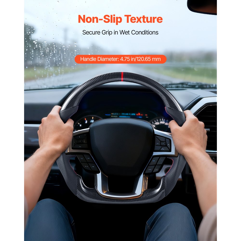 VEVOR Steering Wheel for 2021-2024 Ford F150, Carbon Fiber Steering Wheel D-Shaped Flat-Bottom, Leather Grip with Non-Slip Texture & Precise Stitching, Accessories Replacement for Ford F150, Black