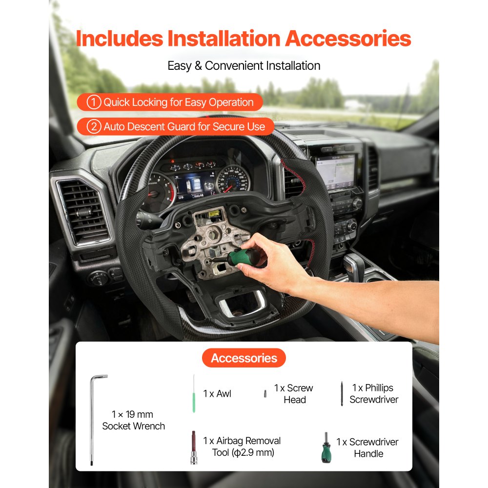 VEVOR Steering Wheel for 2021-2024 Ford F150, Carbon Fiber Steering Wheel D-Shaped Flat-Bottom, Leather Grip with Non-Slip Texture & Precise Stitching, Accessories Replacement for Ford F150, Black