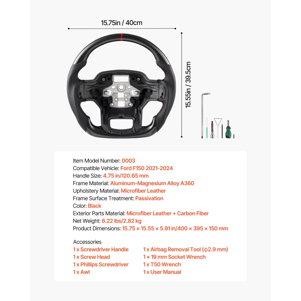 VEVOR Steering Wheel for 2021-2024 Ford F150, Carbon Fiber Steering Wheel D-Shaped Flat-Bottom, Leather Grip with Non-Slip Texture & Precise Stitching, Accessories Replacement for Ford F150, Black