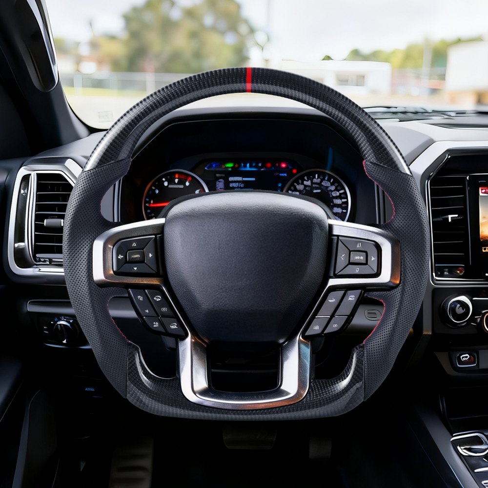 VEVOR Steering Wheel for 2021-2024 Ford F150, Carbon Fiber Steering Wheel D-Shaped Flat-Bottom, Leather Grip with Non-Slip Texture & Precise Stitching, Accessories Replacement for Ford F150, Black