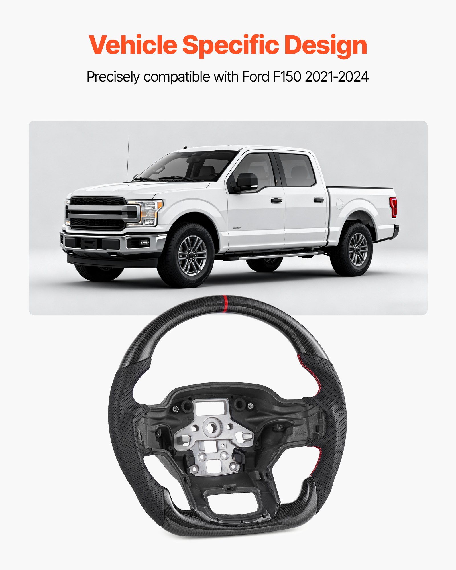 VEVOR Steering Wheel for 2021-2024 Ford F150, Carbon Fiber Steering Wheel D-Shaped Flat-Bottom, Leather Grip with Non-Slip Texture & Precise Stitching, Accessories Replacement for Ford F150, Black