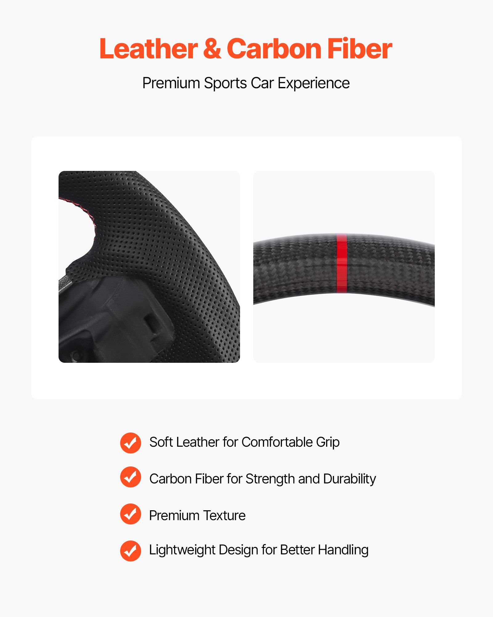 VEVOR Steering Wheel for 2021-2024 Ford F150, Carbon Fiber Steering Wheel D-Shaped Flat-Bottom, Leather Grip with Non-Slip Texture & Precise Stitching, Accessories Replacement for Ford F150, Black