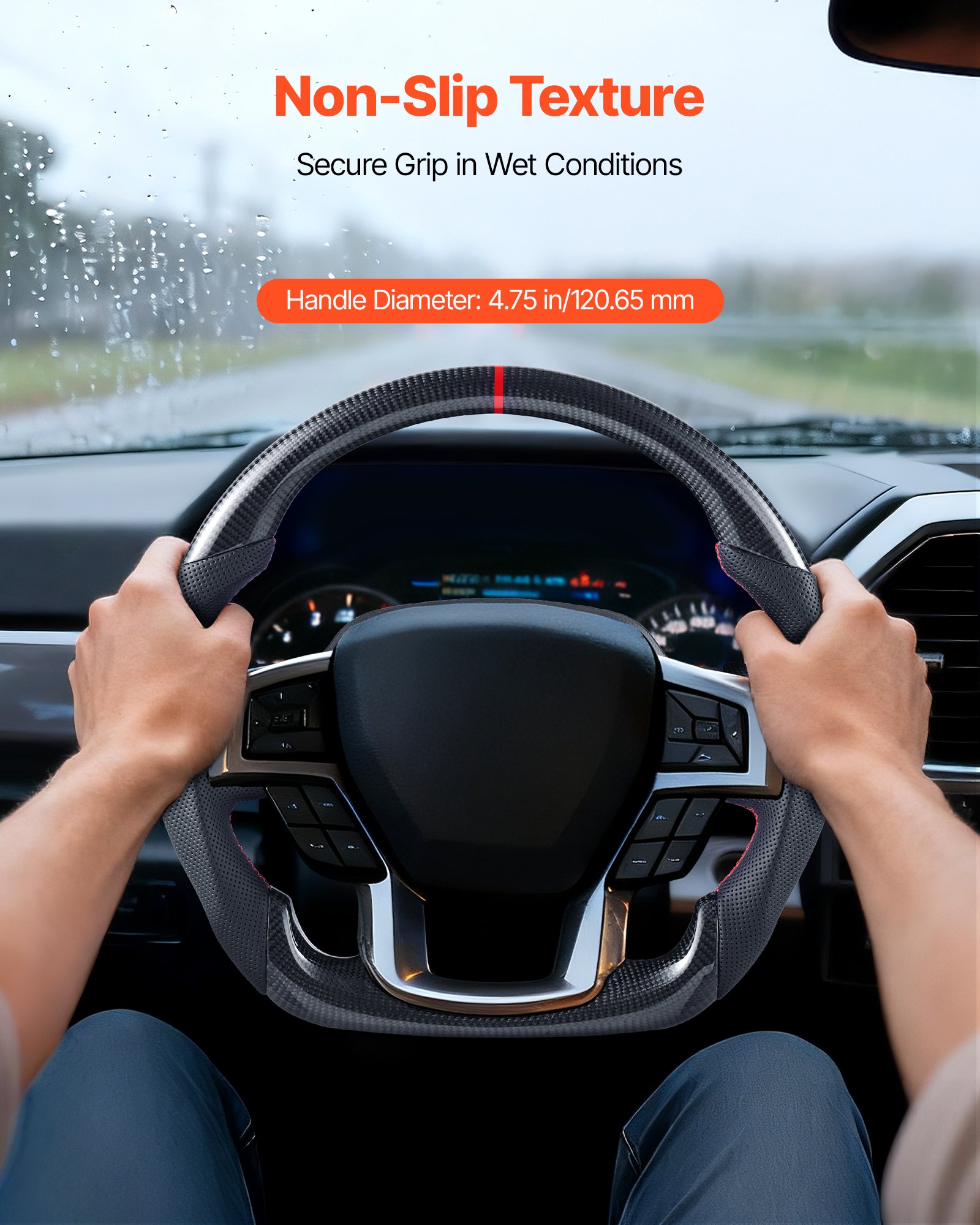 VEVOR Steering Wheel for 2021-2024 Ford F150, Carbon Fiber Steering Wheel D-Shaped Flat-Bottom, Leather Grip with Non-Slip Texture & Precise Stitching, Accessories Replacement for Ford F150, Black