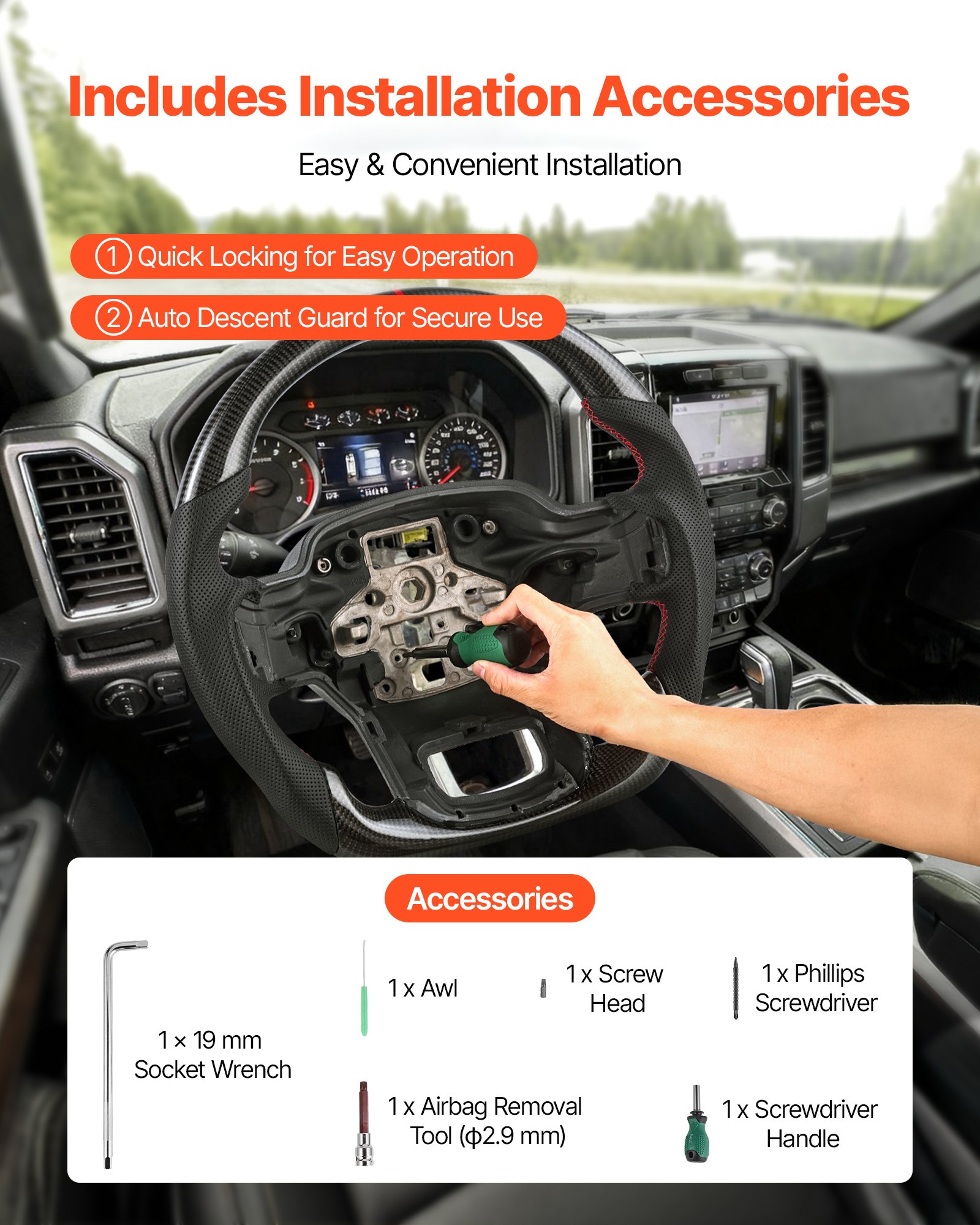 VEVOR Steering Wheel for 2021-2024 Ford F150, Carbon Fiber Steering Wheel D-Shaped Flat-Bottom, Leather Grip with Non-Slip Texture & Precise Stitching, Accessories Replacement for Ford F150, Black