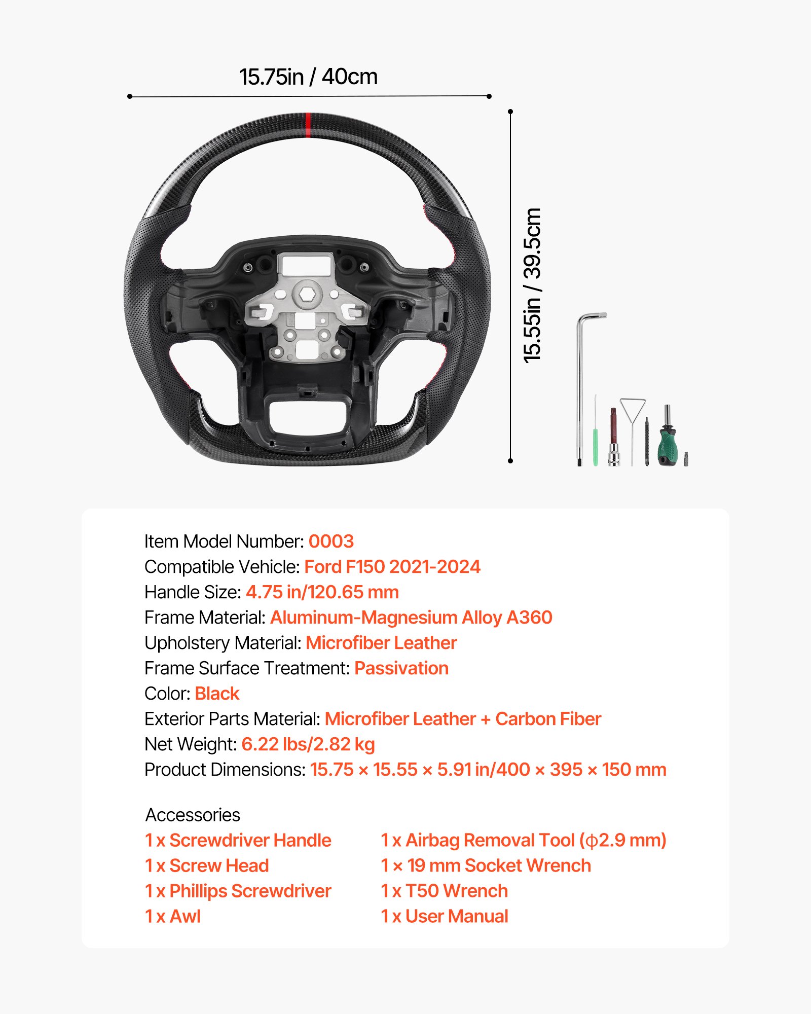 VEVOR Steering Wheel for 2021-2024 Ford F150, Carbon Fiber Steering Wheel D-Shaped Flat-Bottom, Leather Grip with Non-Slip Texture & Precise Stitching, Accessories Replacement for Ford F150, Black