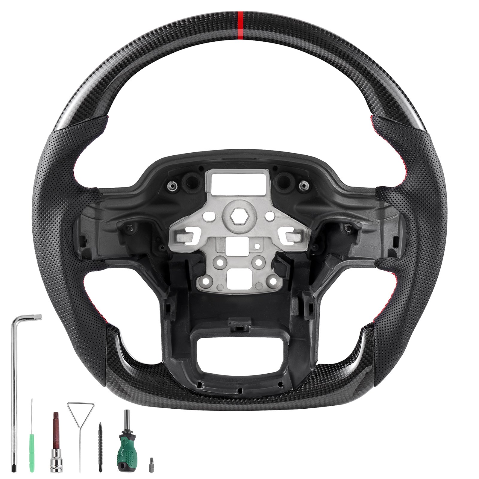 VEVOR Steering Wheel for 2021-2024 Ford F150, Carbon Fiber Steering Wheel D-Shaped Flat-Bottom, Leather Grip with Non-Slip Texture & Precise Stitching, Accessories Replacement for Ford F150, Black