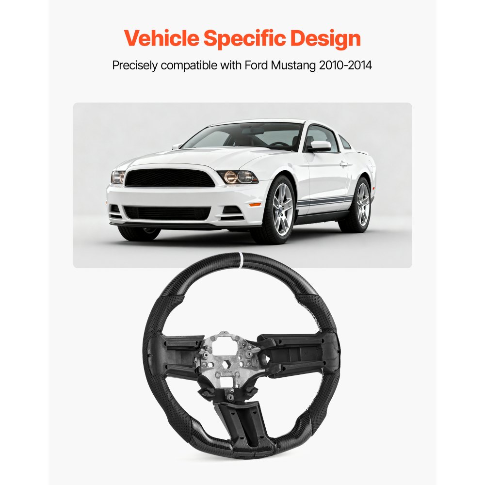 VEVOR Steering Wheel for 2010-2014 Ford Mustang, Carbon Fiber Steering Wheel D-Shaped Flat-Bottom, Leather Grip with Non-Slip Texture & Precise Stitching, Accessories Replacement for Mustang, Black
