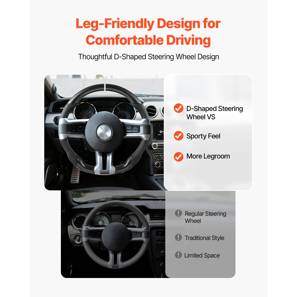 VEVOR Steering Wheel for 2010-2014 Ford Mustang, Carbon Fiber Steering Wheel D-Shaped Flat-Bottom, Leather Grip with Non-Slip Texture & Precise Stitching, Accessories Replacement for Mustang, Black