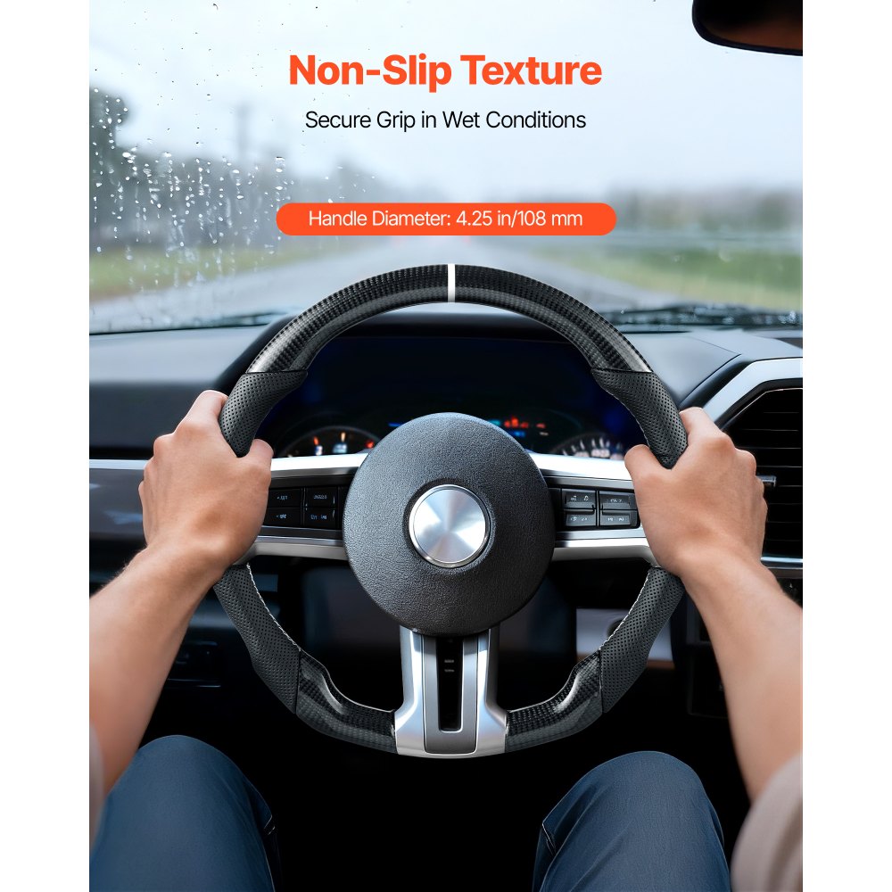 VEVOR Steering Wheel for 2010-2014 Ford Mustang, Carbon Fiber Steering Wheel D-Shaped Flat-Bottom, Leather Grip with Non-Slip Texture & Precise Stitching, Accessories Replacement for Mustang, Black