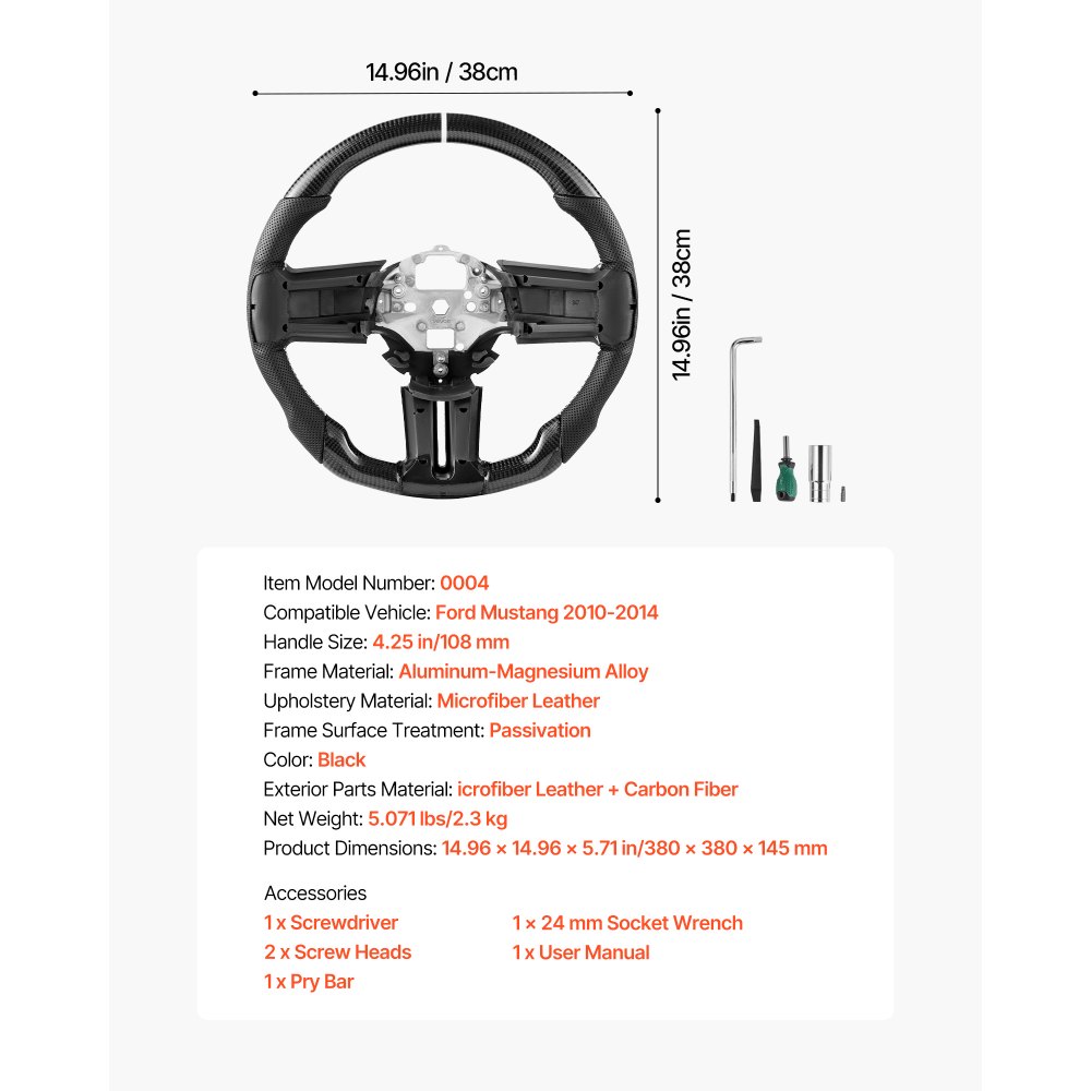 VEVOR Steering Wheel for 2010-2014 Ford Mustang, Carbon Fiber Steering Wheel D-Shaped Flat-Bottom, Leather Grip with Non-Slip Texture & Precise Stitching, Accessories Replacement for Mustang, Black